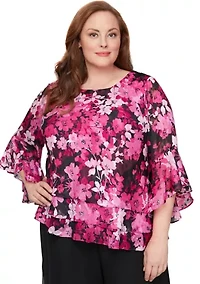 Plus 3/4 Sleeve Printed Blouse with Asymmetric Triple Tier Hem