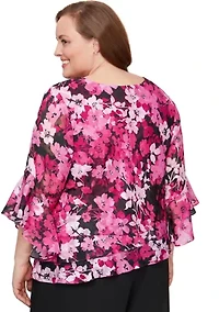 Plus 3/4 Sleeve Printed Blouse with Asymmetric Triple Tier Hem