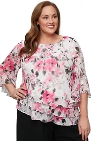 Plus 3/4 Sleeve Printed Chiffon Burnout Blouse