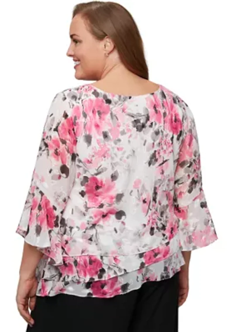 Plus 3/4 Sleeve Printed Chiffon Burnout Blouse