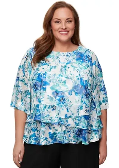 Plus 3/4 Sleeve Printed Chiffon Burnout Blouse