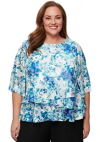 Plus 3/4 Sleeve Printed Chiffon Burnout Blouse