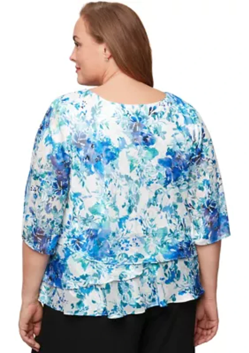 Plus 3/4 Sleeve Printed Chiffon Burnout Blouse
