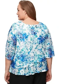 Plus 3/4 Sleeve Printed Chiffon Burnout Blouse
