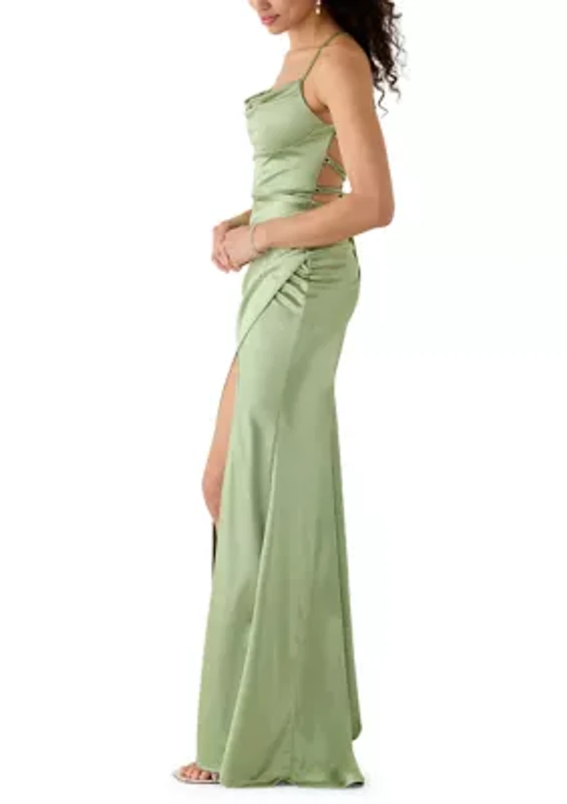 Women's Sleeveless Cowl Neck Solid Satin Gown