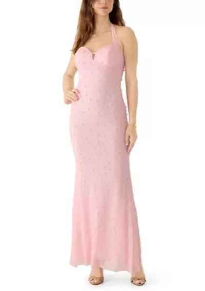 Women's Beaded Pearl Halter Gown