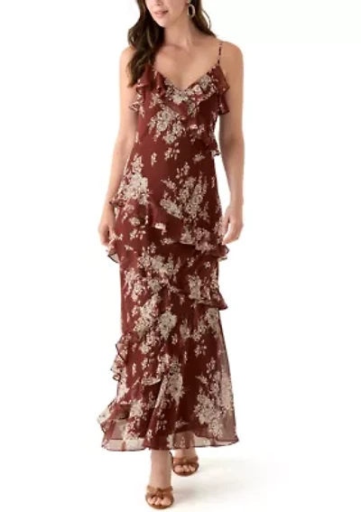 Spaghetti Strap V-Neck Cascading Ruffle Maxi Dress