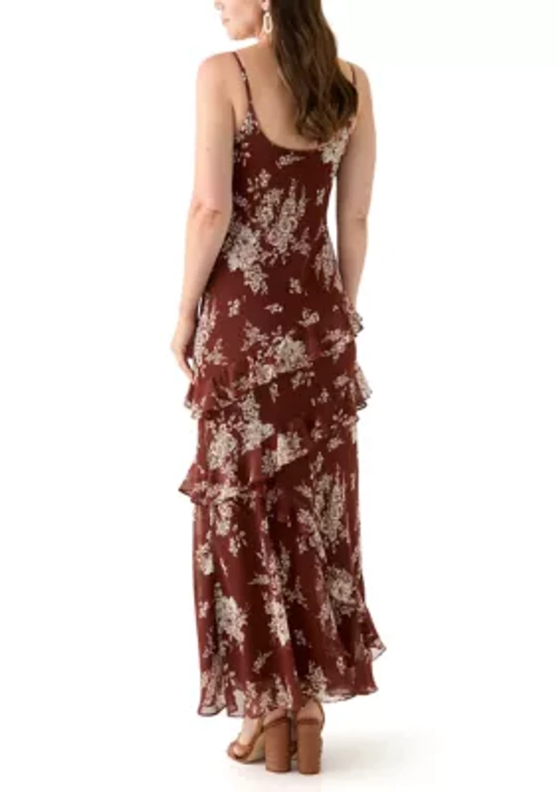 Spaghetti Strap V-Neck Cascading Ruffle Maxi Dress