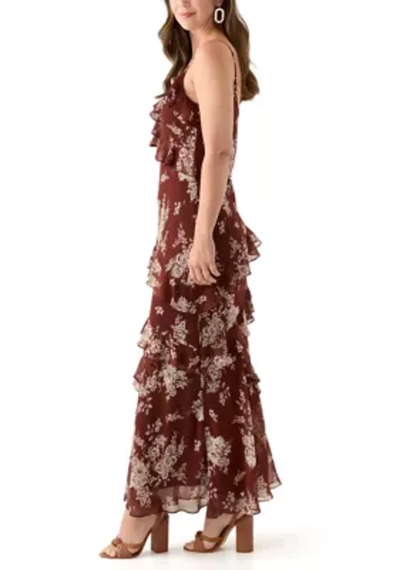 Spaghetti Strap V-Neck Cascading Ruffle Maxi Dress