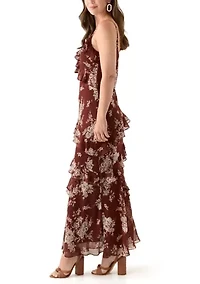 Spaghetti Strap V-Neck Cascading Ruffle Maxi Dress
