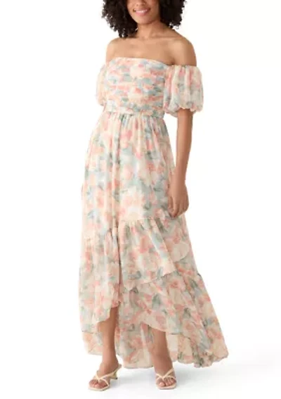 Women's Off Shoulder Pleated Bodice Floral Maxi Dress