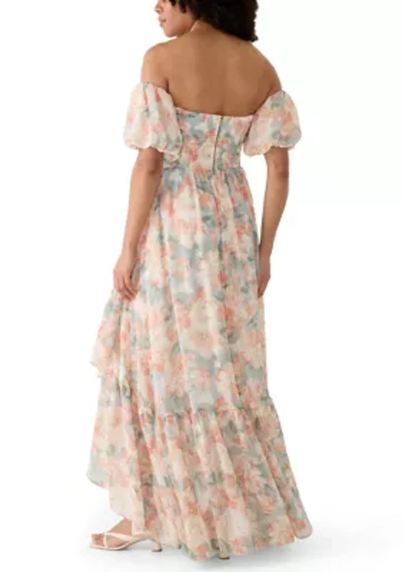 Women's Off Shoulder Pleated Bodice Floral Maxi Dress