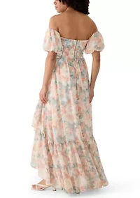 Women's Off Shoulder Pleated Bodice Floral Maxi Dress