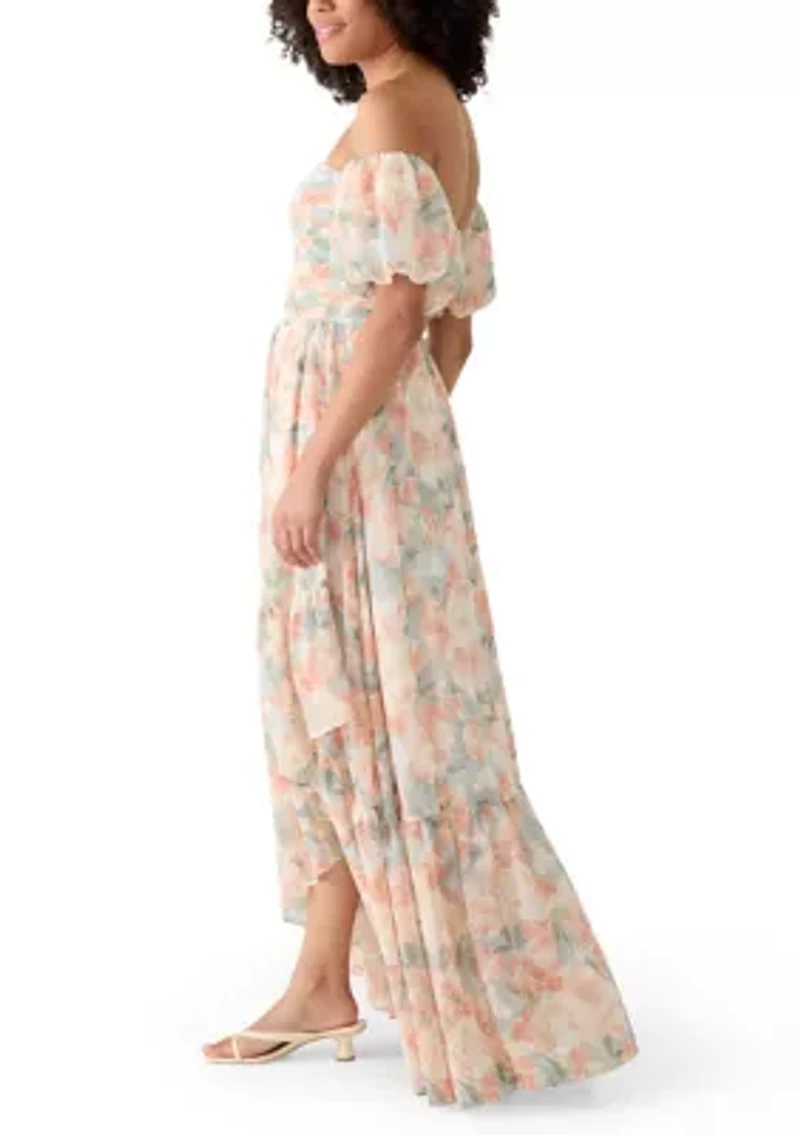 Women's Off Shoulder Pleated Bodice Floral Maxi Dress