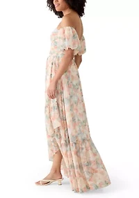 Women's Off Shoulder Pleated Bodice Floral Maxi Dress