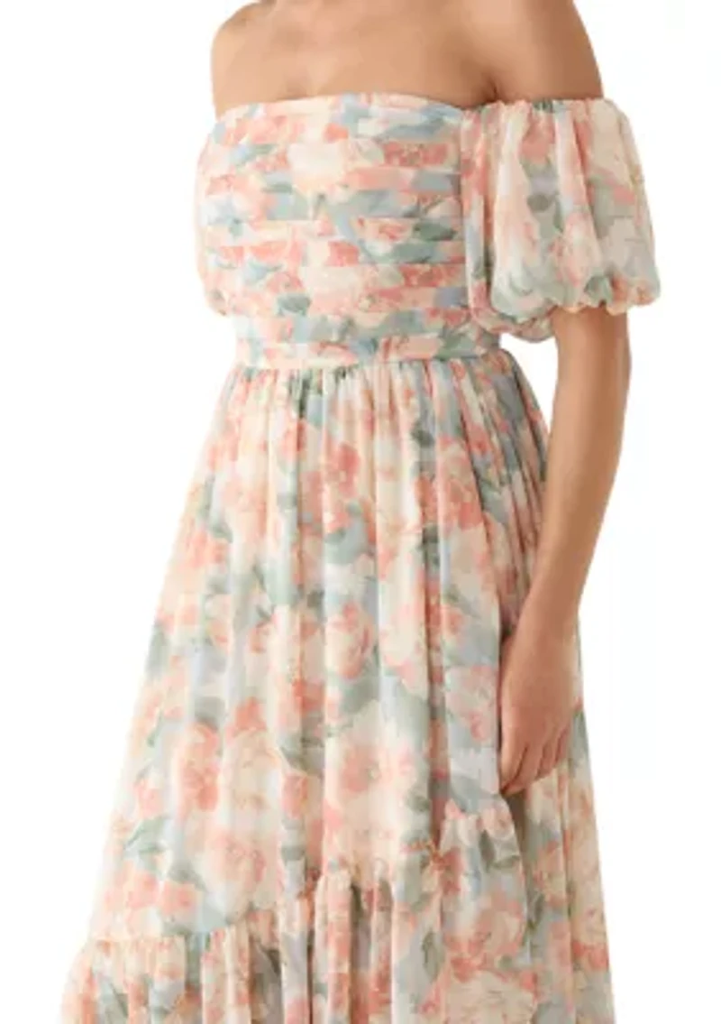 Women's Off Shoulder Pleated Bodice Floral Maxi Dress