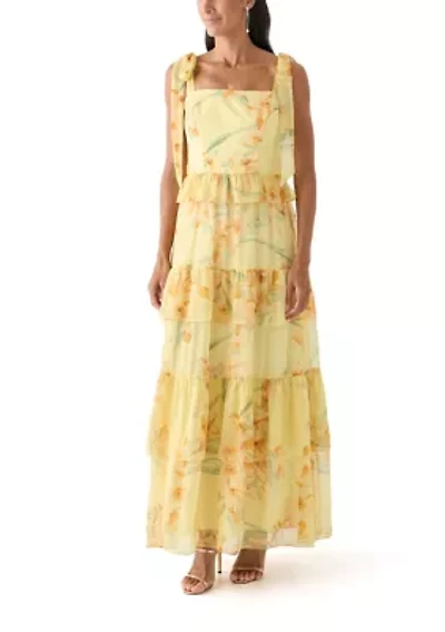 Women's Sleeveless Floral Printed Tiered Ruffle Maxi Dress