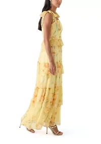 Women's Sleeveless Floral Printed Tiered Ruffle Maxi Dress