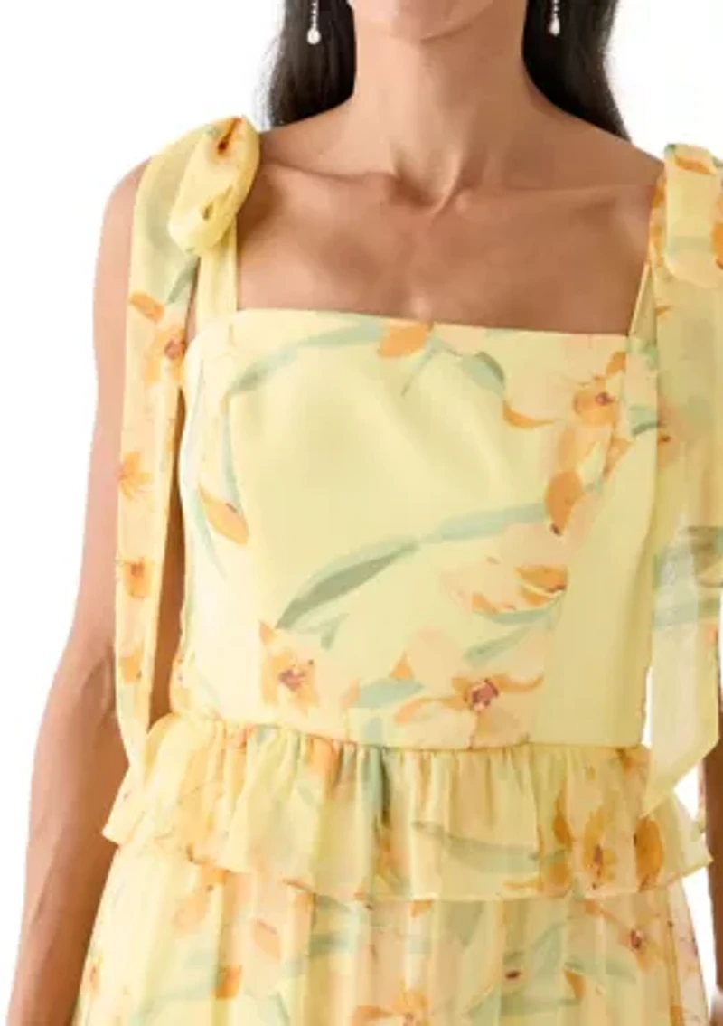 Women's Sleeveless Floral Printed Tiered Ruffle Maxi Dress