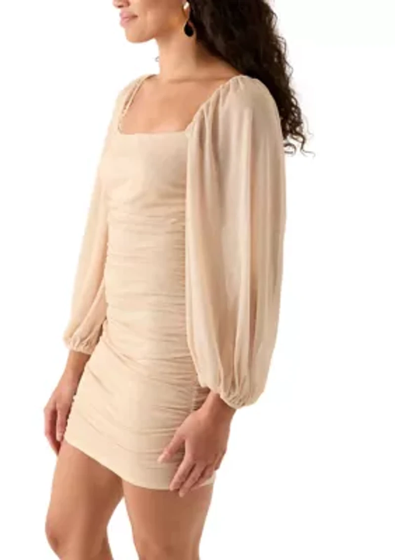 Long Sleeve Square Neck Shirred Dress