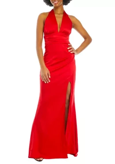 Women's V-Neck Halter Satin Slim Gown