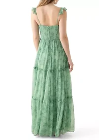 Sleeveless Ruffle Shoulder Chiffon Print Corset Gown