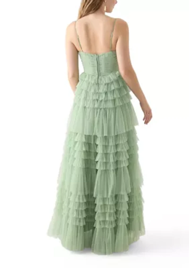 Women's Sleeveless V-Neck Mesh Tier Gown