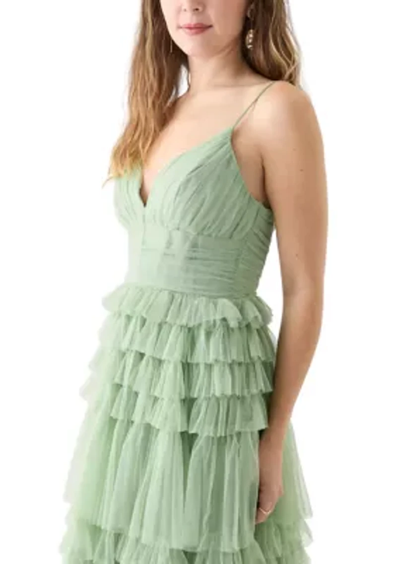 Women's Sleeveless V-Neck Mesh Tier Gown