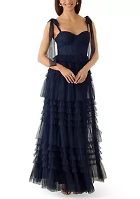Women's Sleeveless Tie Shoulder Tiered Ruffle Mesh Gown