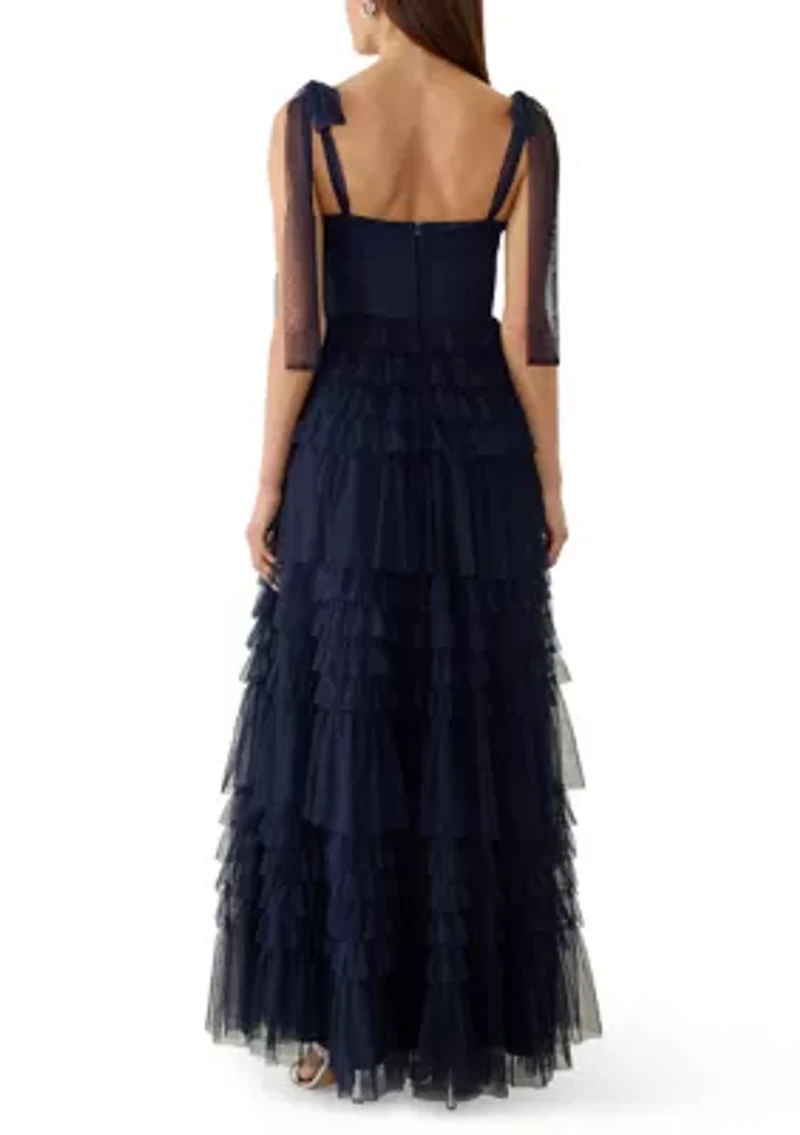 Women's Sleeveless Tie Shoulder Tiered Ruffle Mesh Gown