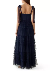 Women's Sleeveless Tie Shoulder Tiered Ruffle Mesh Gown