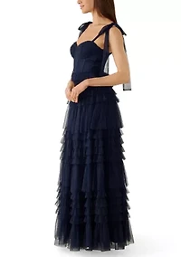 Women's Sleeveless Tie Shoulder Tiered Ruffle Mesh Gown