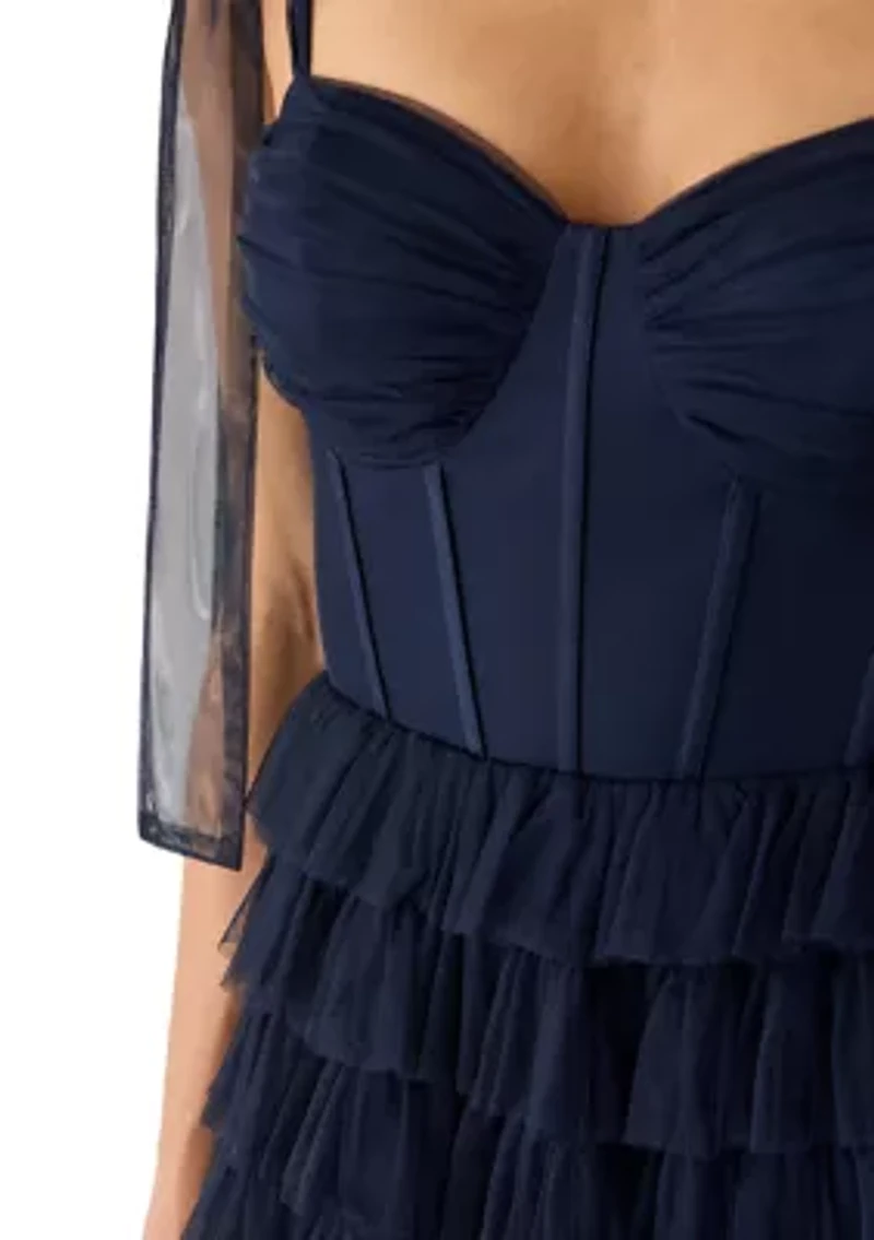 Women's Sleeveless Tie Shoulder Tiered Ruffle Mesh Gown