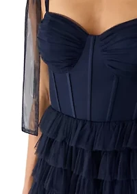 Women's Sleeveless Tie Shoulder Tiered Ruffle Mesh Gown