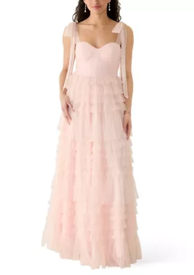 Women's Tie Sleeve Tiered Ruffle Mesh Gown