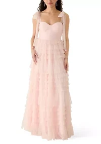 Women's Tie Sleeve Tiered Ruffle Mesh Gown