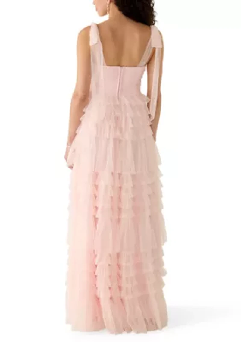 Women's Tie Sleeve Tiered Ruffle Mesh Gown