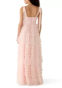 Women's Tie Sleeve Tiered Ruffle Mesh Gown