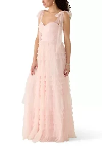 Women's Tie Sleeve Tiered Ruffle Mesh Gown
