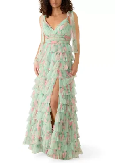 Women's Sleeveless Printed Tiered Ruffle Floral Gown