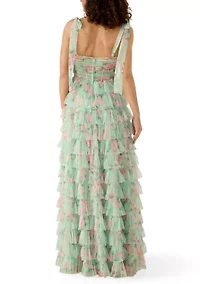 Women's Sleeveless Printed Tiered Ruffle Floral Gown