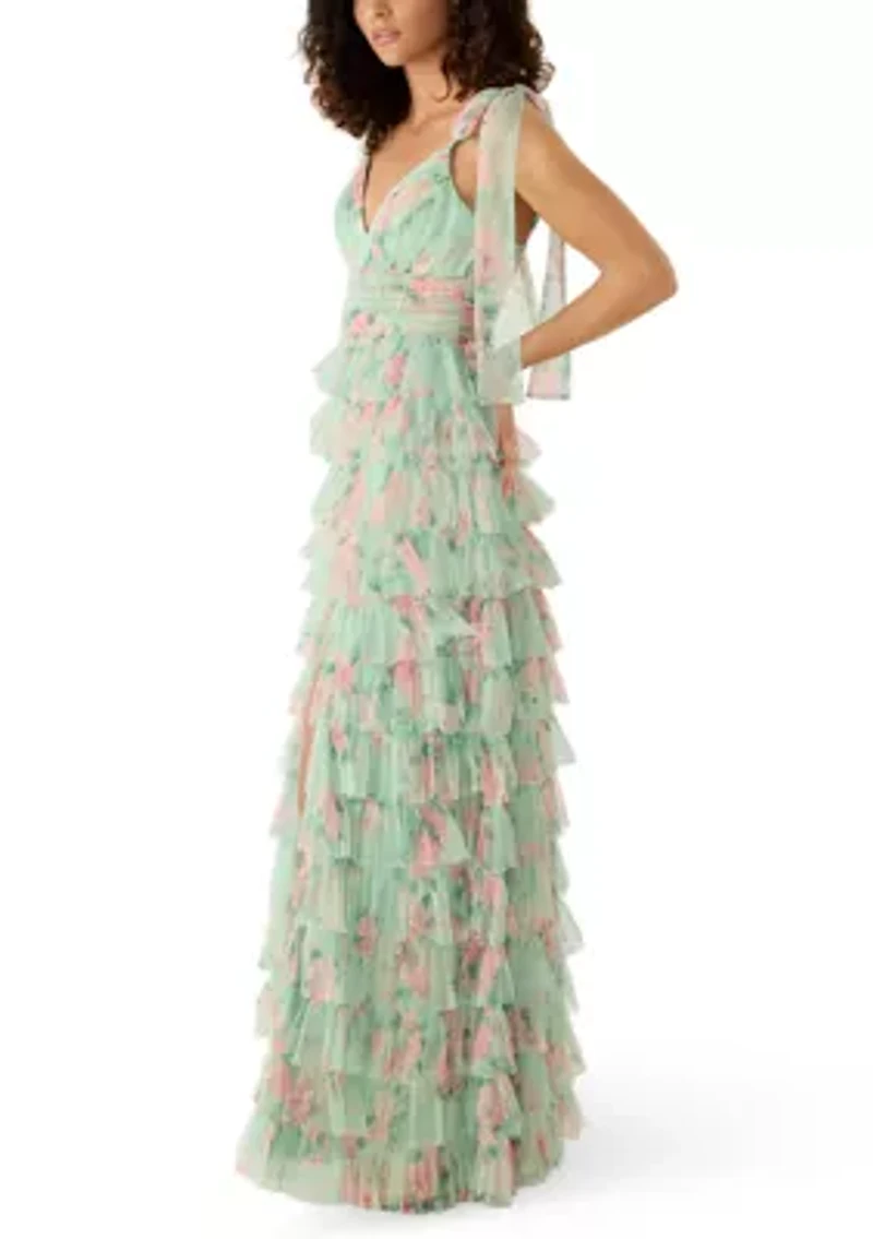 Women's Sleeveless Printed Tiered Ruffle Floral Gown