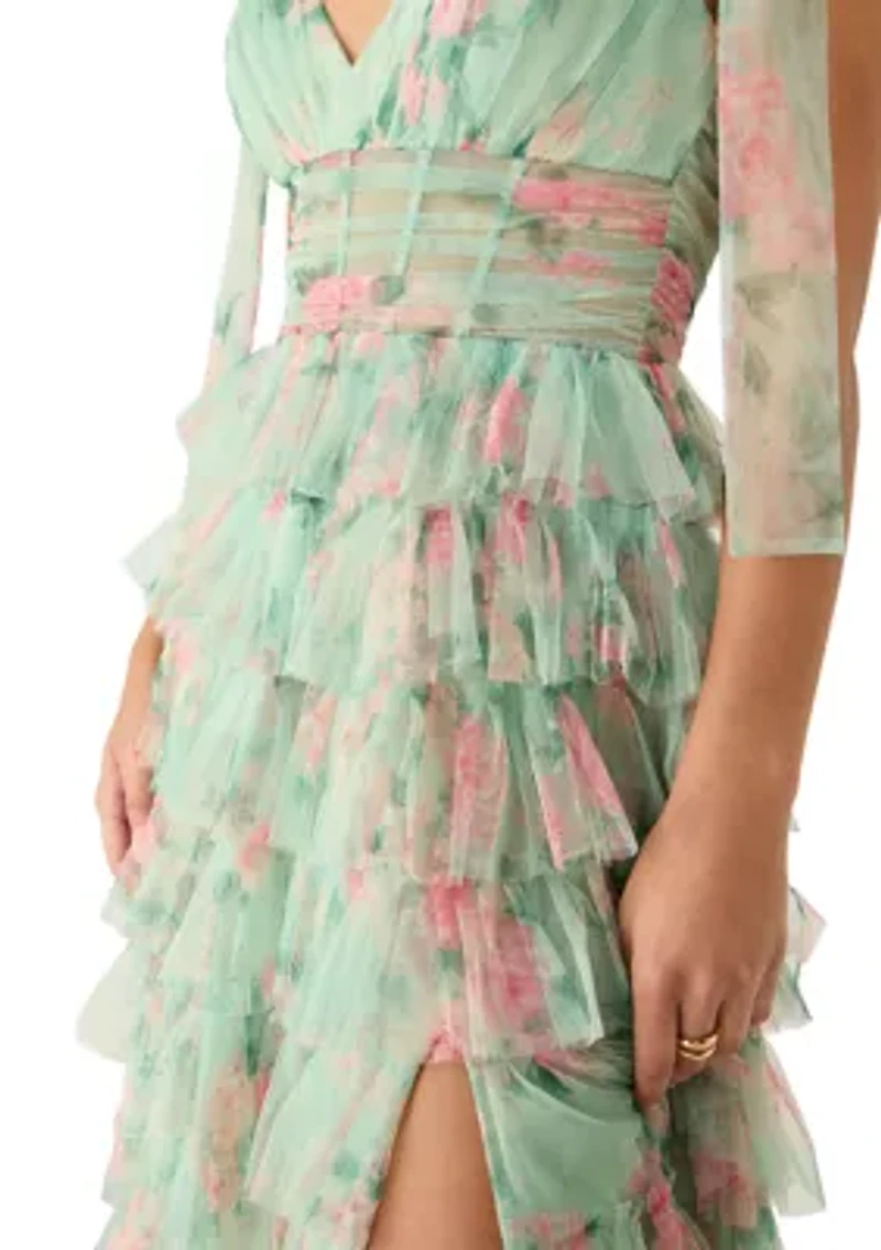 Women's Sleeveless Printed Tiered Ruffle Floral Gown