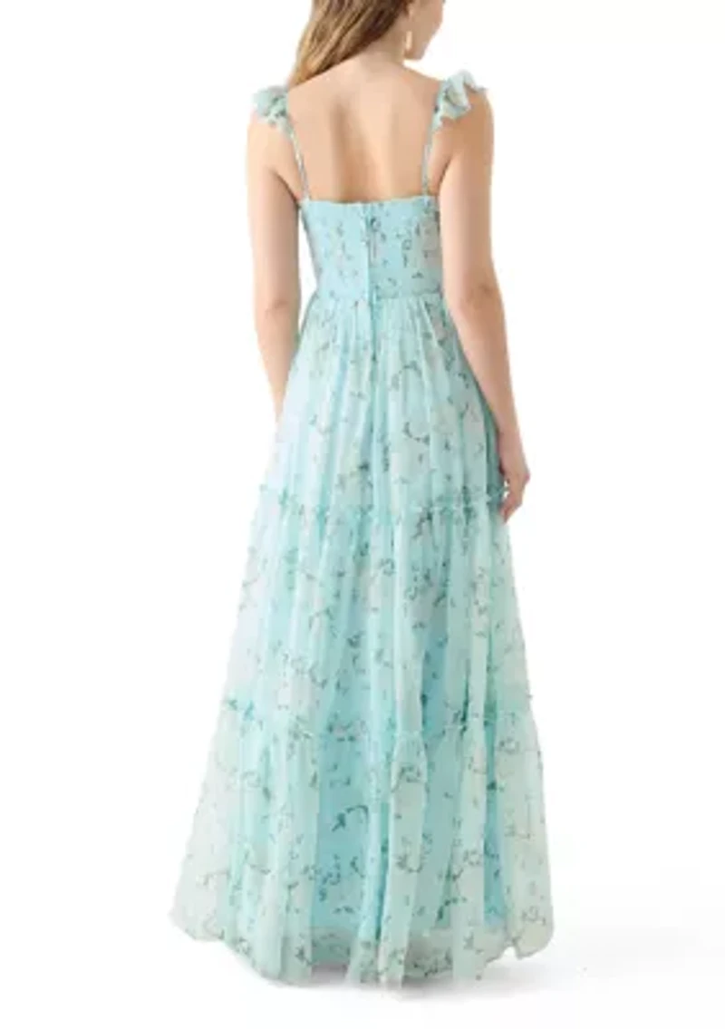 Women's Sleeveless Ruffle Shoulder Chiffon Printed Gown