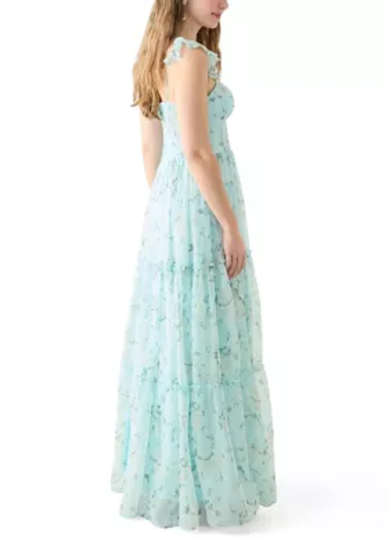 Women's Sleeveless Ruffle Shoulder Chiffon Printed Gown