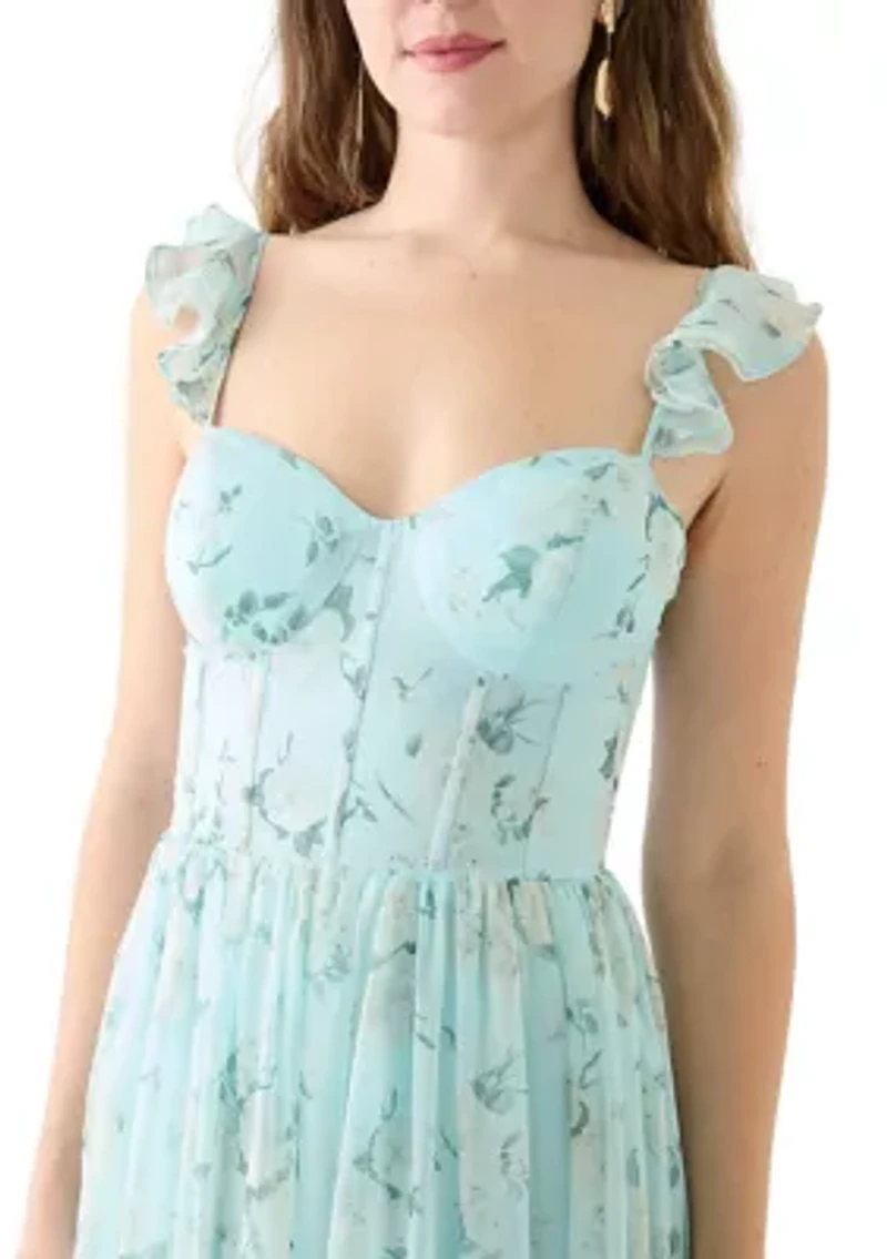 Women's Sleeveless Ruffle Shoulder Chiffon Printed Gown