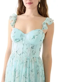 Women's Sleeveless Ruffle Shoulder Chiffon Printed Gown