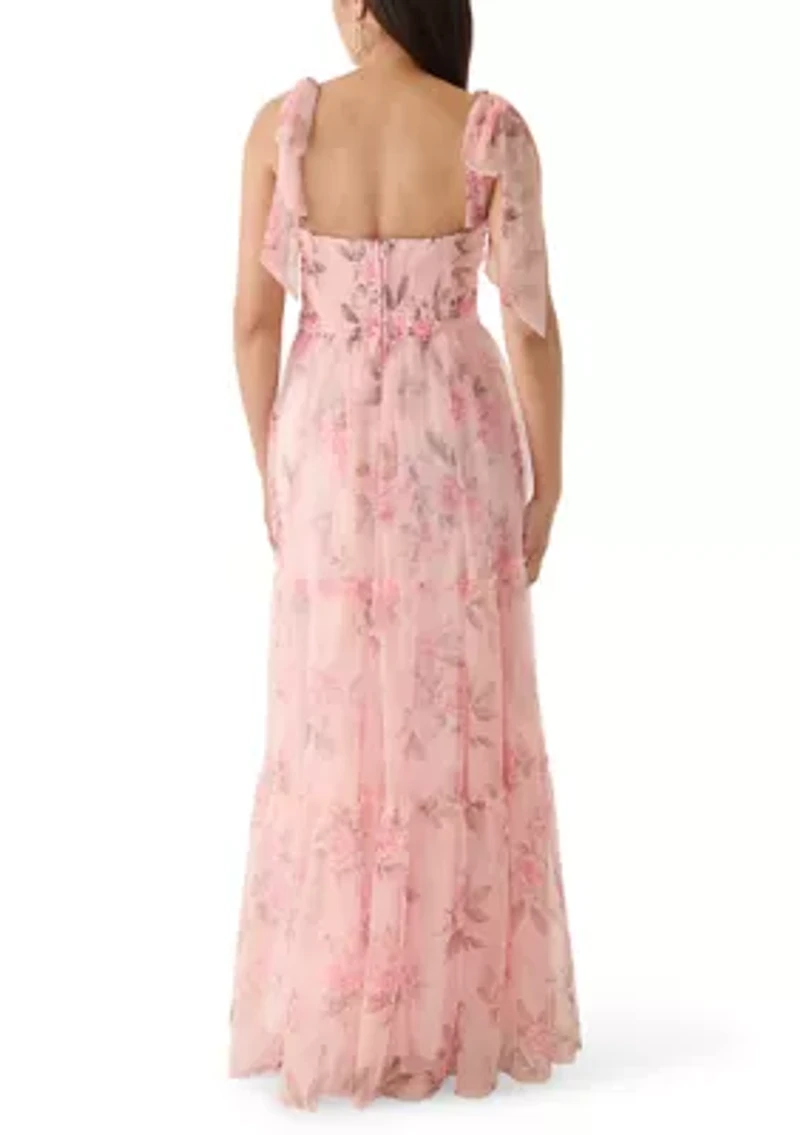 Women's Sweetheart Neckline Tiered Print Mesh Gown