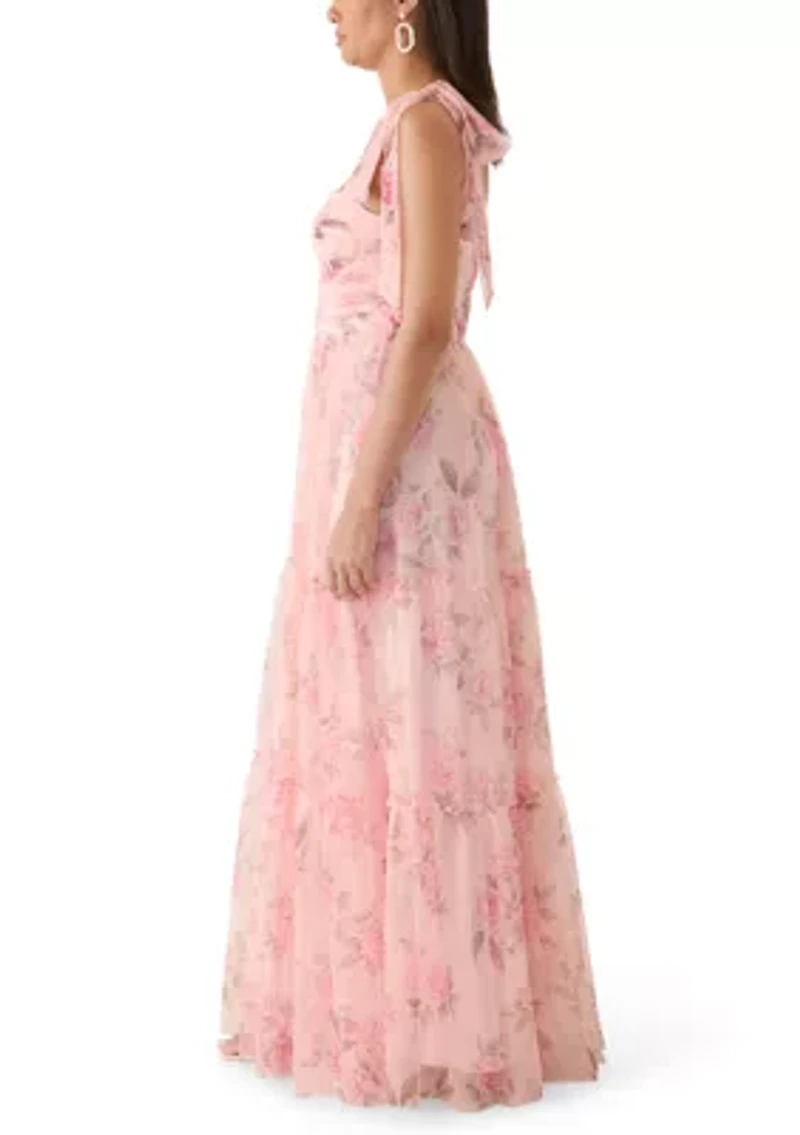 Women's Sweetheart Neckline Tiered Print Mesh Gown