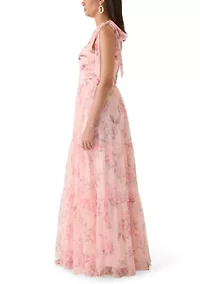 Women's Sweetheart Neckline Tiered Print Mesh Gown